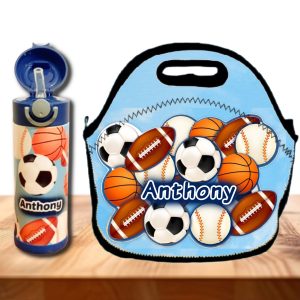 Personalized Kids 12 oz Tumbler – Sports Balls Design (Add a Name) – Add Matching Lunch Bag