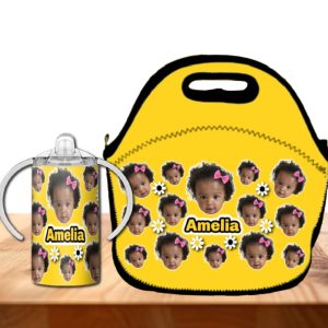 12 oz Toddler Sippy Cup Tumbler – Daisy Flowers – Add Name & Photo – Spill-Proof – Add Matching Lunch Bag