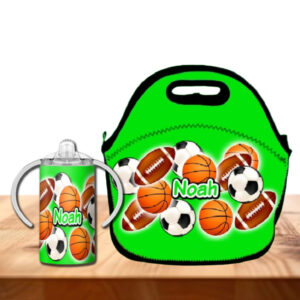 12 oz Personalized Toddler Sippy Cup – Sports & Daisy Designs – Add Name – Spill-Proof – Add Matching Lunch Bag